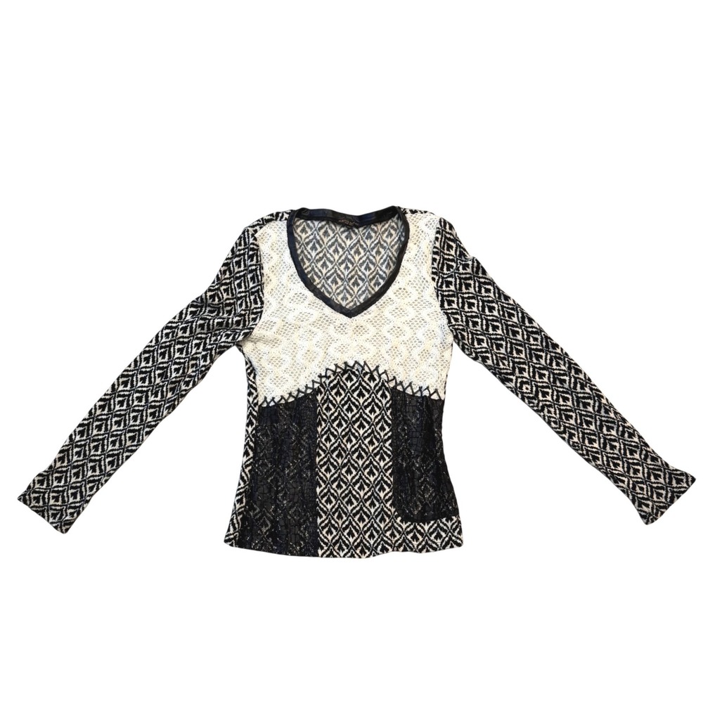 Alberto Makali Vintage Y2K Geometric Knit Lace V-Neck Blouse Top Black White XS
